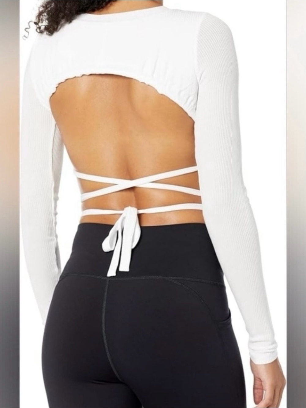ALO Ribbed Manifest White Long-Sleeve Open-Back Tie Crop Top